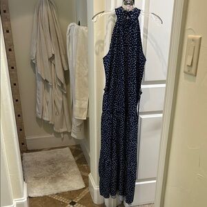 Navy Polka Dot Halter Maxi Dress